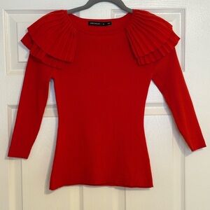 Karen Millen Red Victoriana Pleated Ruffle Shoulder Ribbed Knit Long Sleeve Top